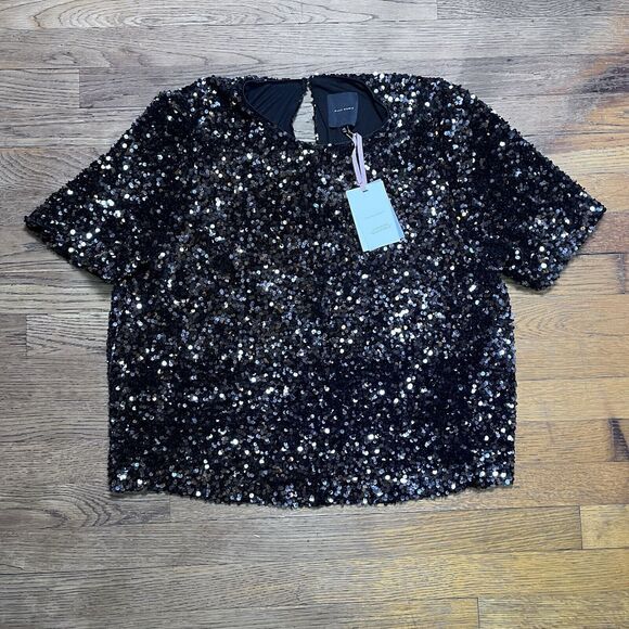Alex Marie Sequined Blouse Stretch Short Sleeve Lined Party Top Black Womens XL - Picture 2 of 16